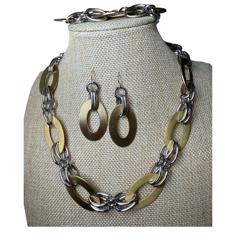 Premier Designs Gold Silver Mixed Metal Link Necklace Bracelet Earrings Set